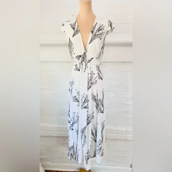 Free People Floral Retro Midi Dress Ivory Deep V Faux Wrap Cap Sleeve - Picture 3 of 14